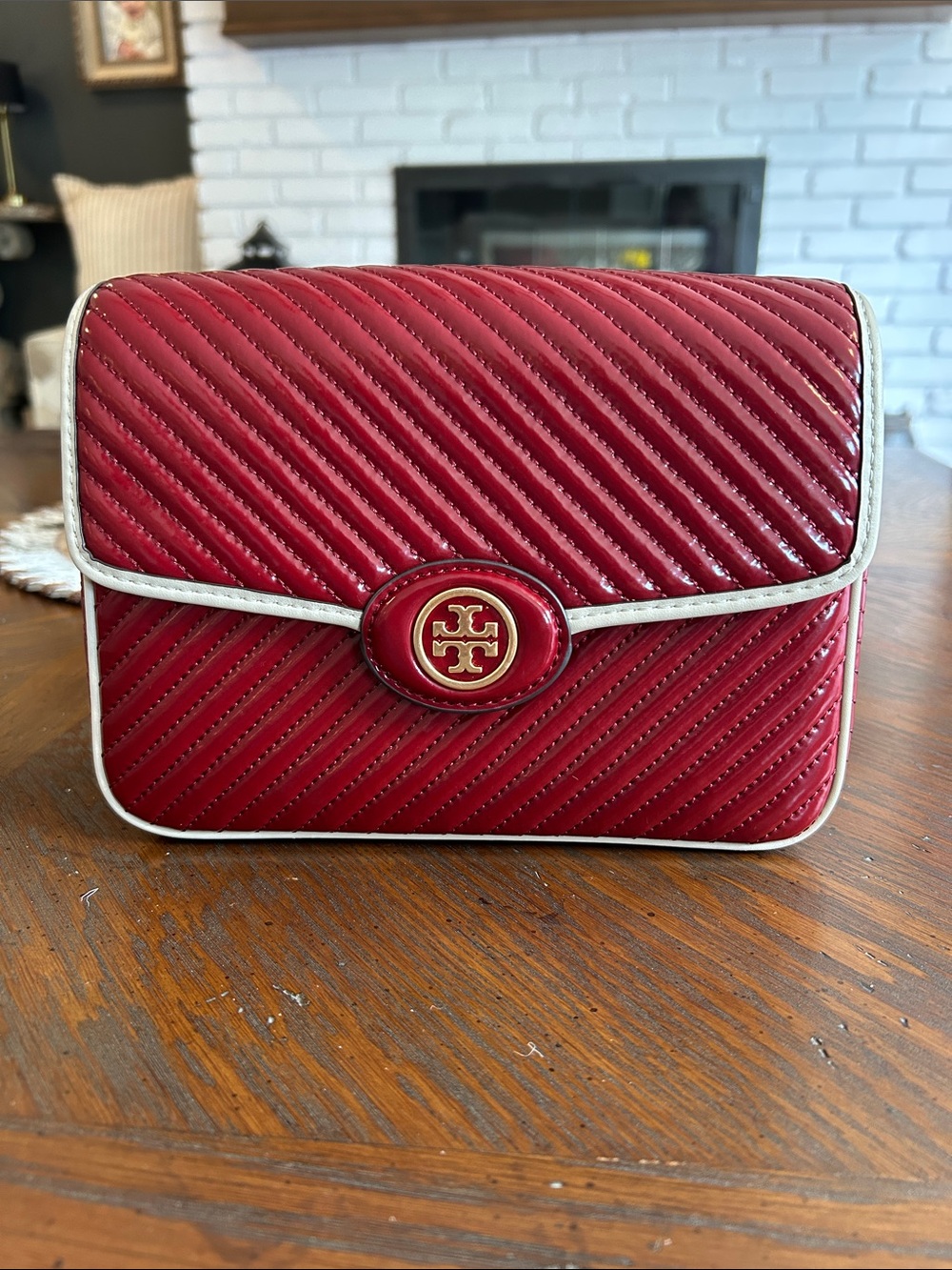 Tory Burch Red Quilted Crossbody with Gold Logo and White Trim